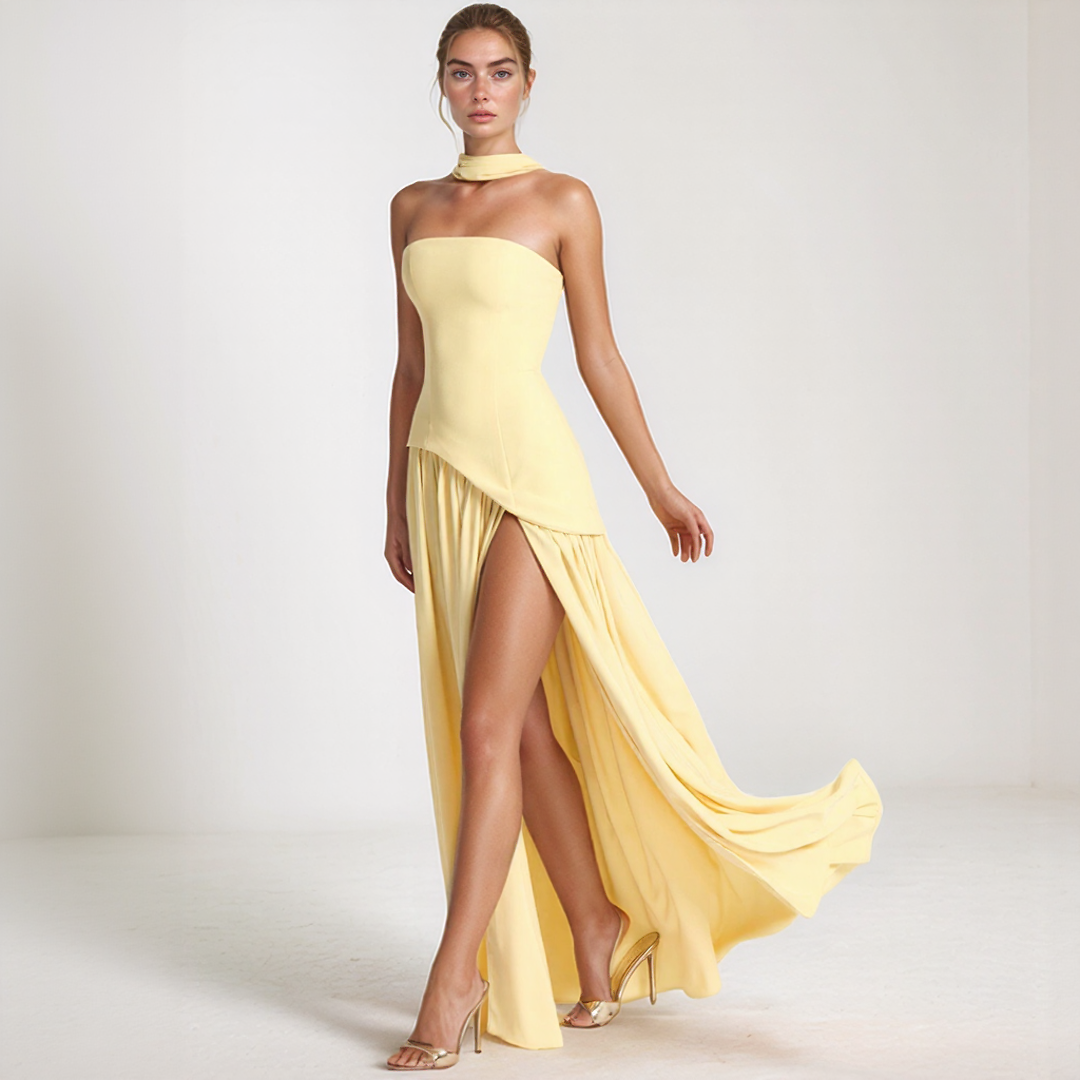 Janine | Rochie Lungă Corset – Eleganță Sculptată și Fentă Îndrăzneață