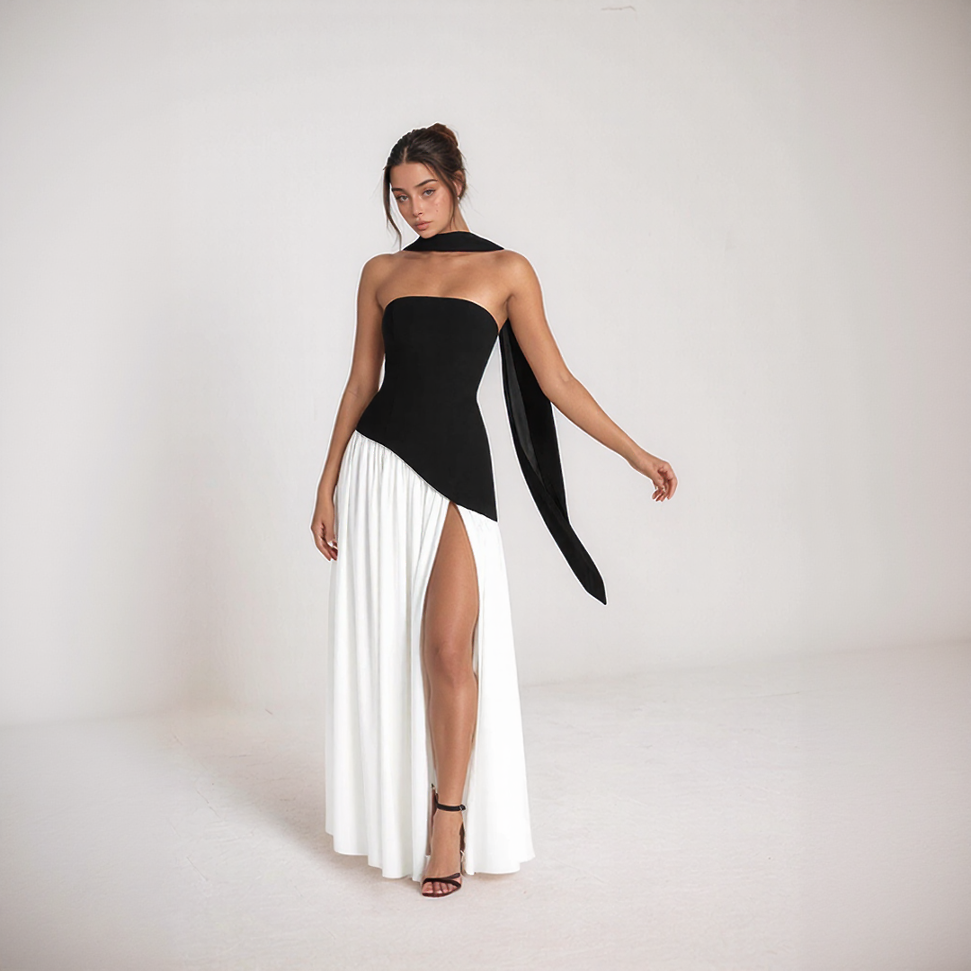 Janine | Rochie Lungă Corset – Eleganță Sculptată și Fentă Îndrăzneață