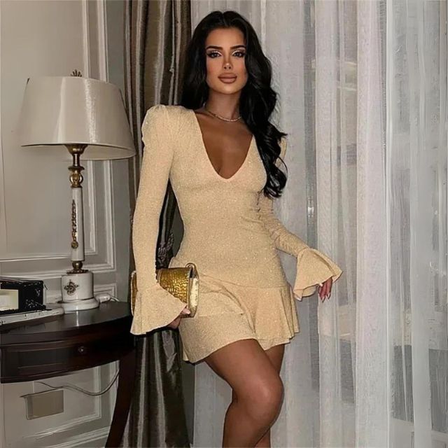 Candice | Mini třpytivá šaty s rozšířenými rukávy
