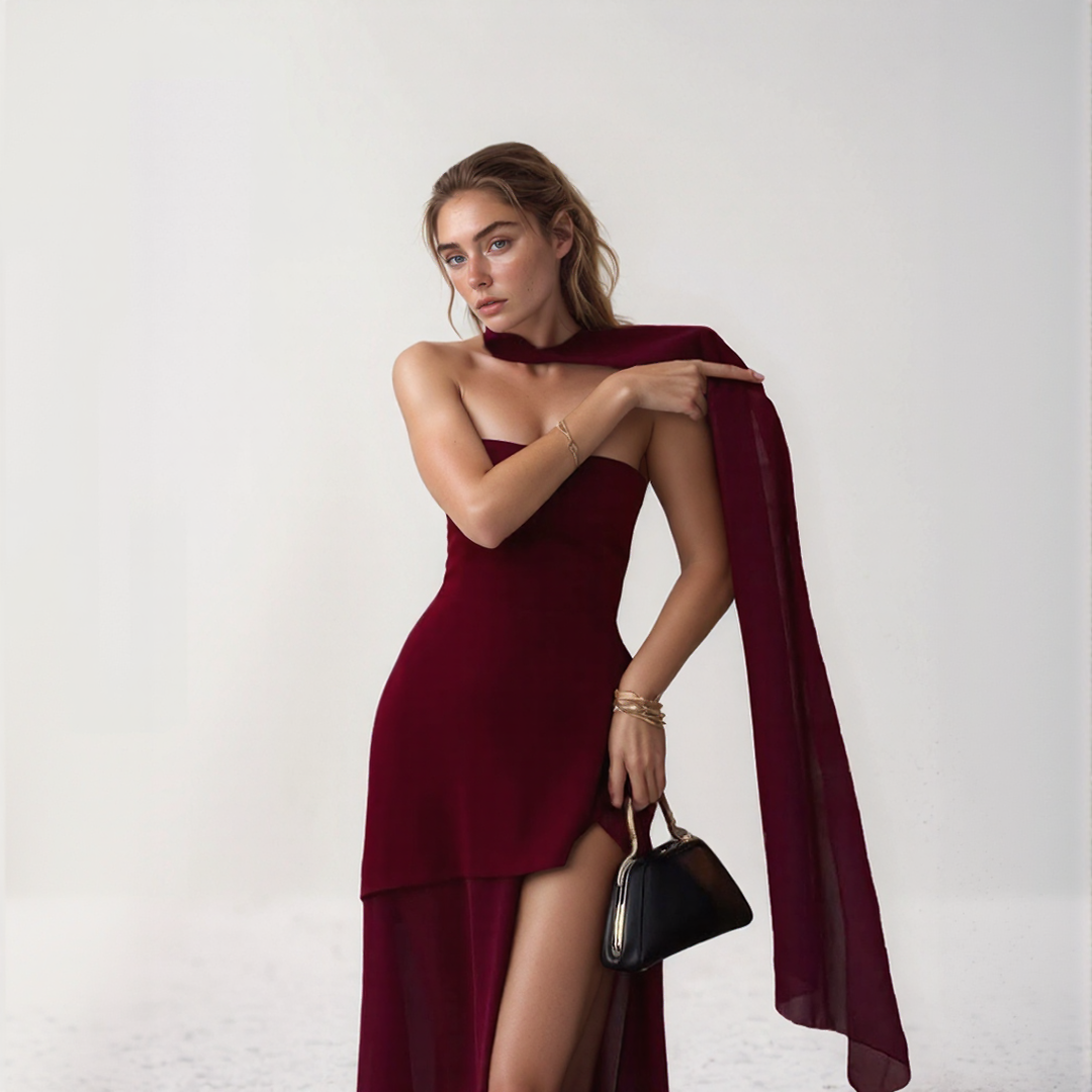 Nelly | Lång Elegant Klänning – Asymmetrisk Skärning Och Integrerad Scarf