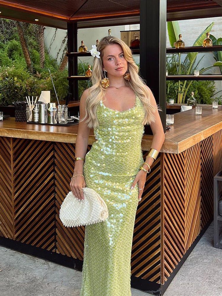 Cendrine | Vestido Brillante Largo – Tirantes Finos y Estilo Chic