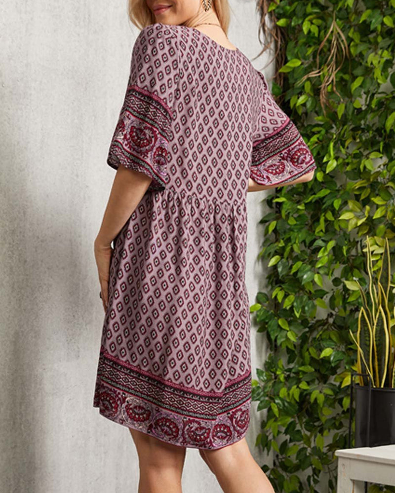 Ivana | Boho Kjole Med V-Udskæring Og Print 