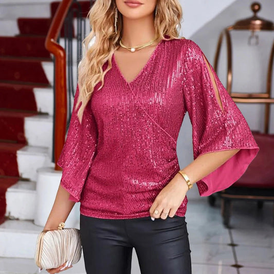 Céline | Glamour Blůza – Rozšířené Rukávy A Třpytivé Detaily 